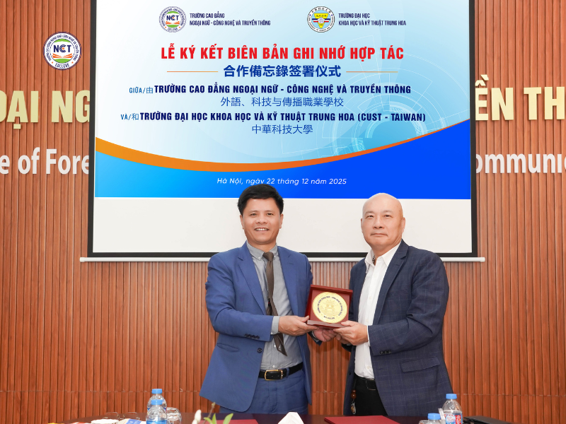 Trường Cao đẳng Ngoại ngữ – Công nghệ và Truyền thông (NCT) đã chính thức ký kết Biên bản ghi nhớ hợp tác (MOU) với Trường Đại học Khoa học và Kỹ thuật Trung Hoa (CUST)