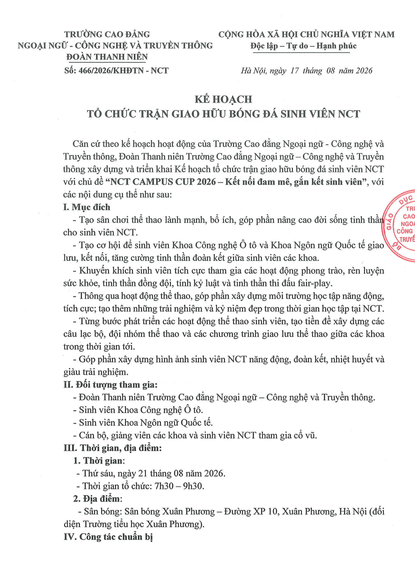 Thông báo tổ chức trận giao hữu bóng đá sinh viên NCT