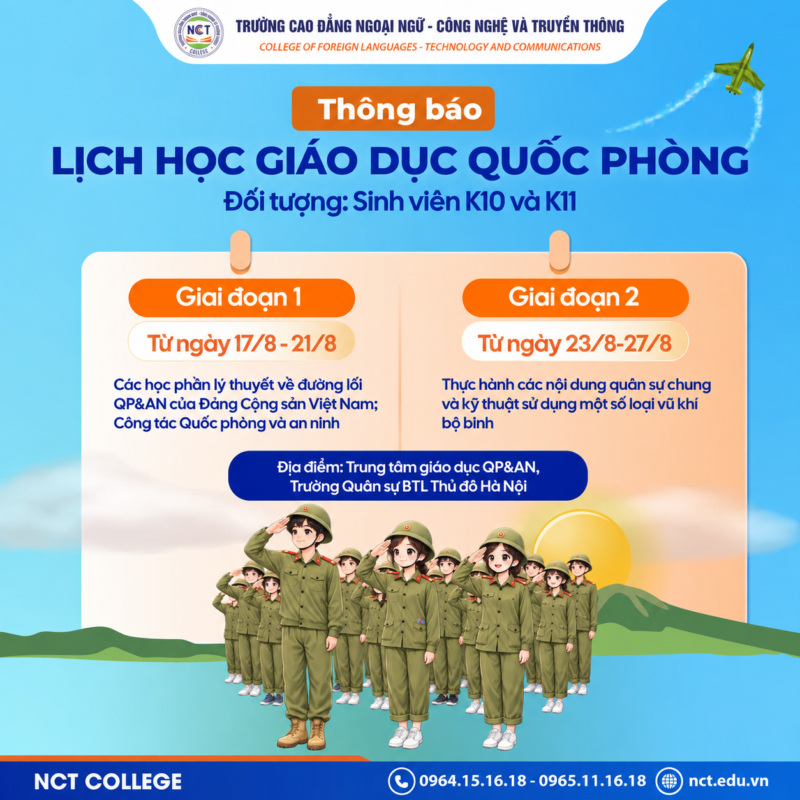 Thông báo kế hoạch học môn Giáo dục Quốc phòng và An ninh dành cho sinh viên NCT College