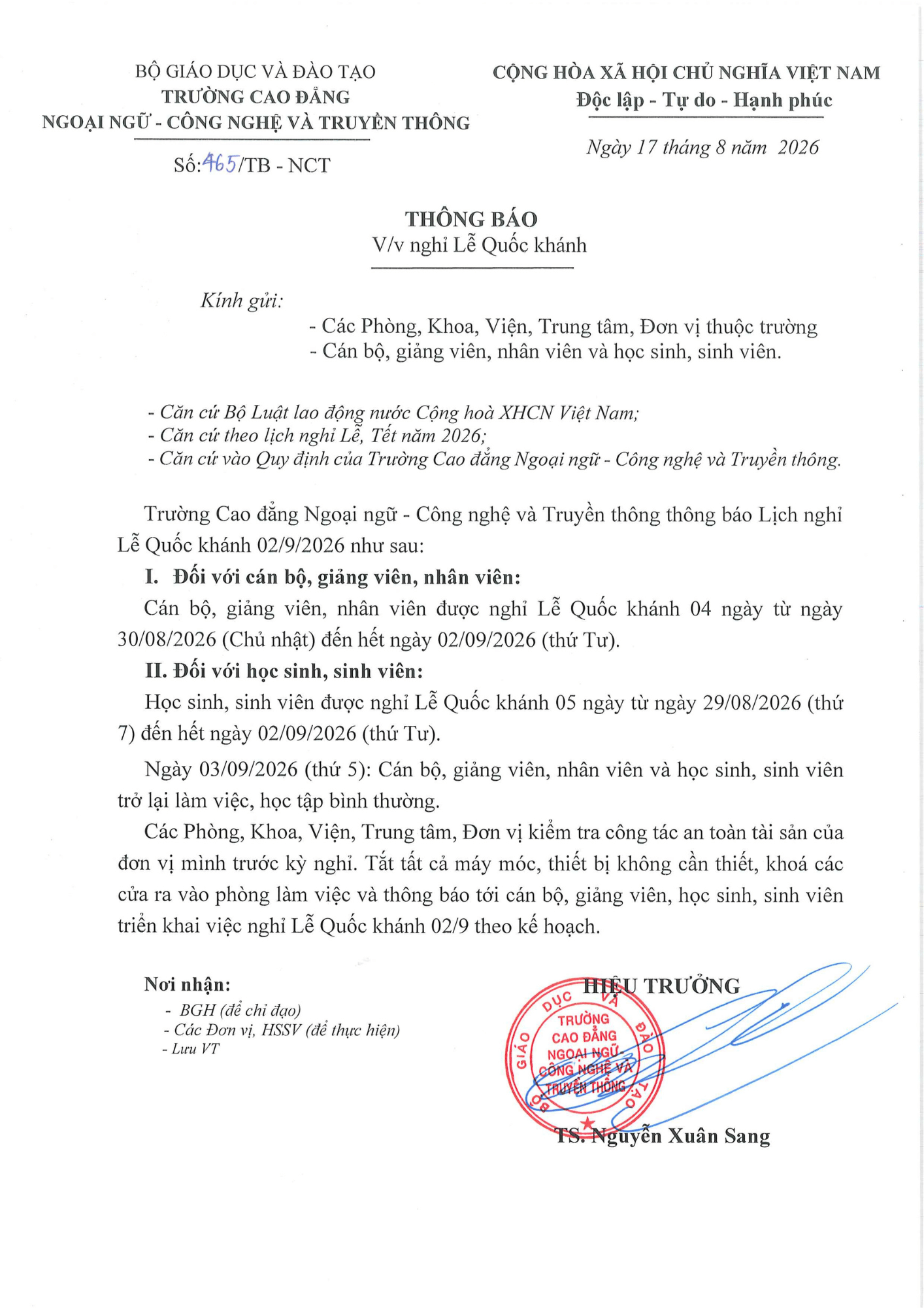 Trường Cao đẳng Ngoại ngữ – Công nghệ và Truyền thông (NCT College) thông báo lịch nghỉ lễ Quốc khánh 2/9